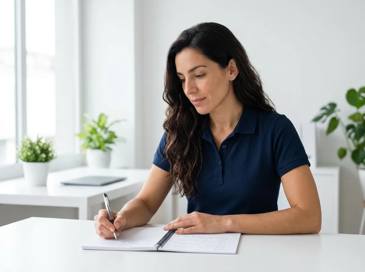 Sophia organizando anotações de planejamento financeiro antes de contratar um crédito